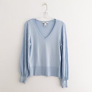 WHBM Light Blue V-Neck Knit Sweater With Pointelle Lace Sleeves Size Small